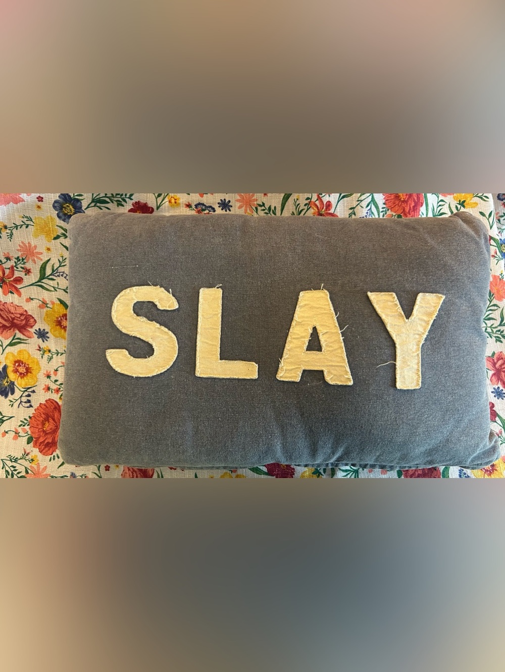 Appliqué Letter SLAY Pillow - Yellow Letters on Denim 14x22